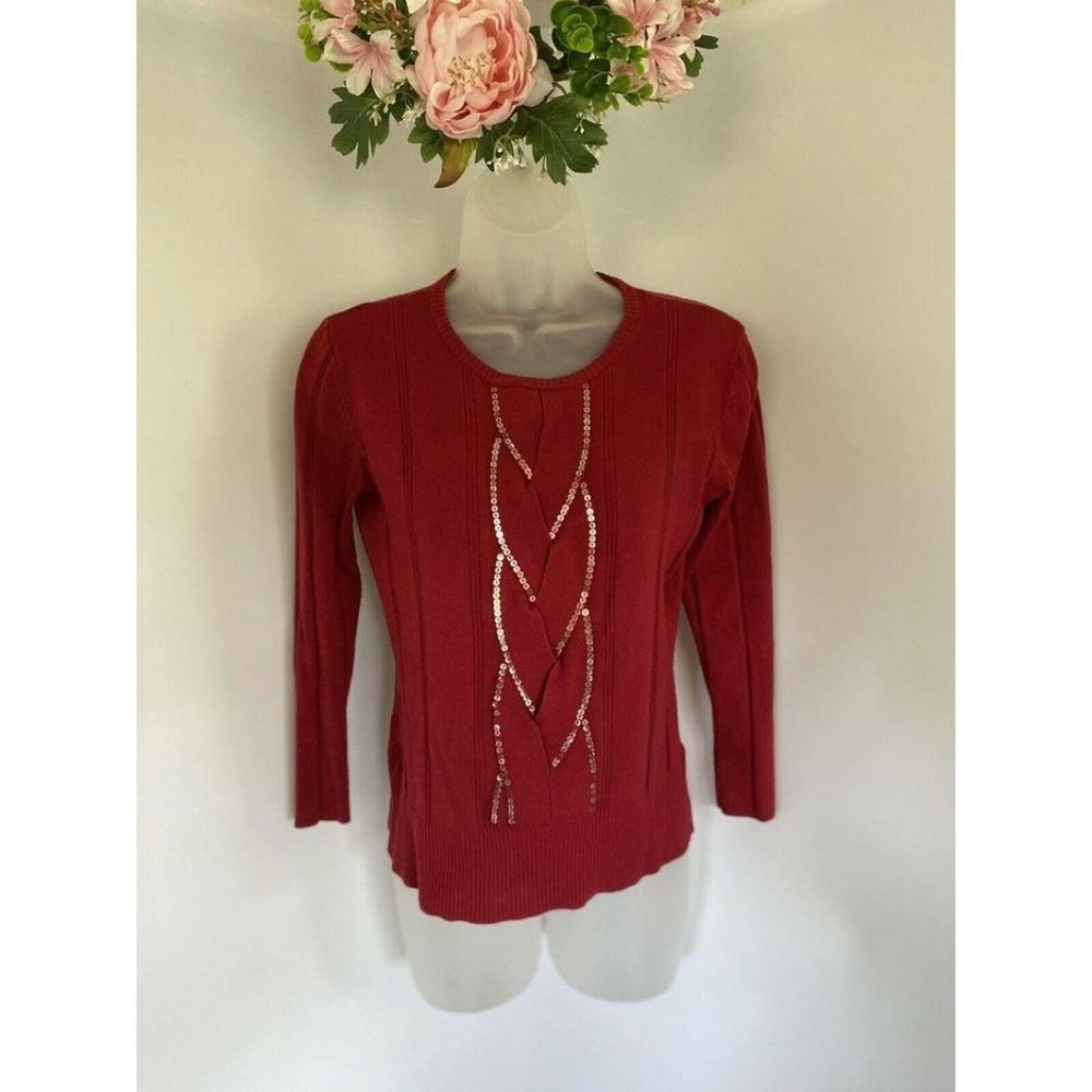 Apostrophe Red Sequined Cable Sweater Size Small - Picture 10 of 10